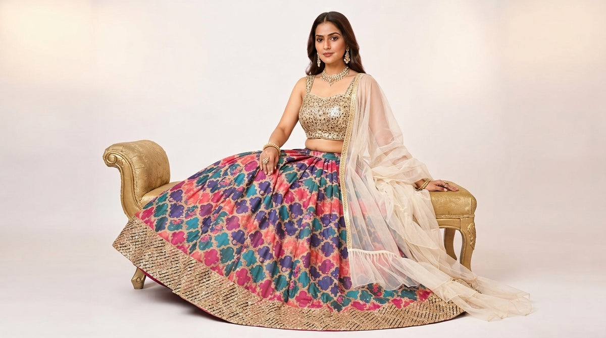 Multi-Colored Printed Lehenga Choli with Sequin Blouse and Ruffled Dupatta (Festive / Party Wear Ethnic Set)