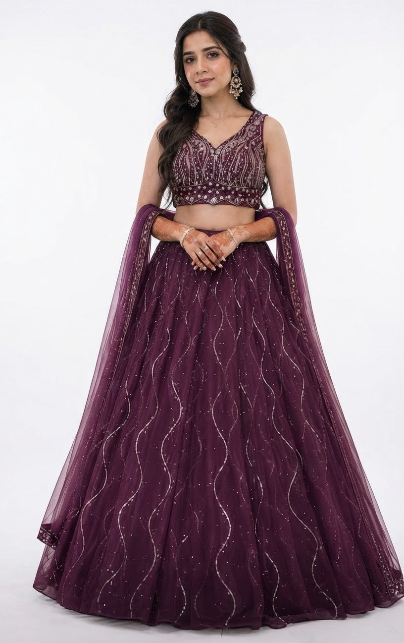 Heavy Lehanga Choli with dupatta - wine colour for weddings or any occasion