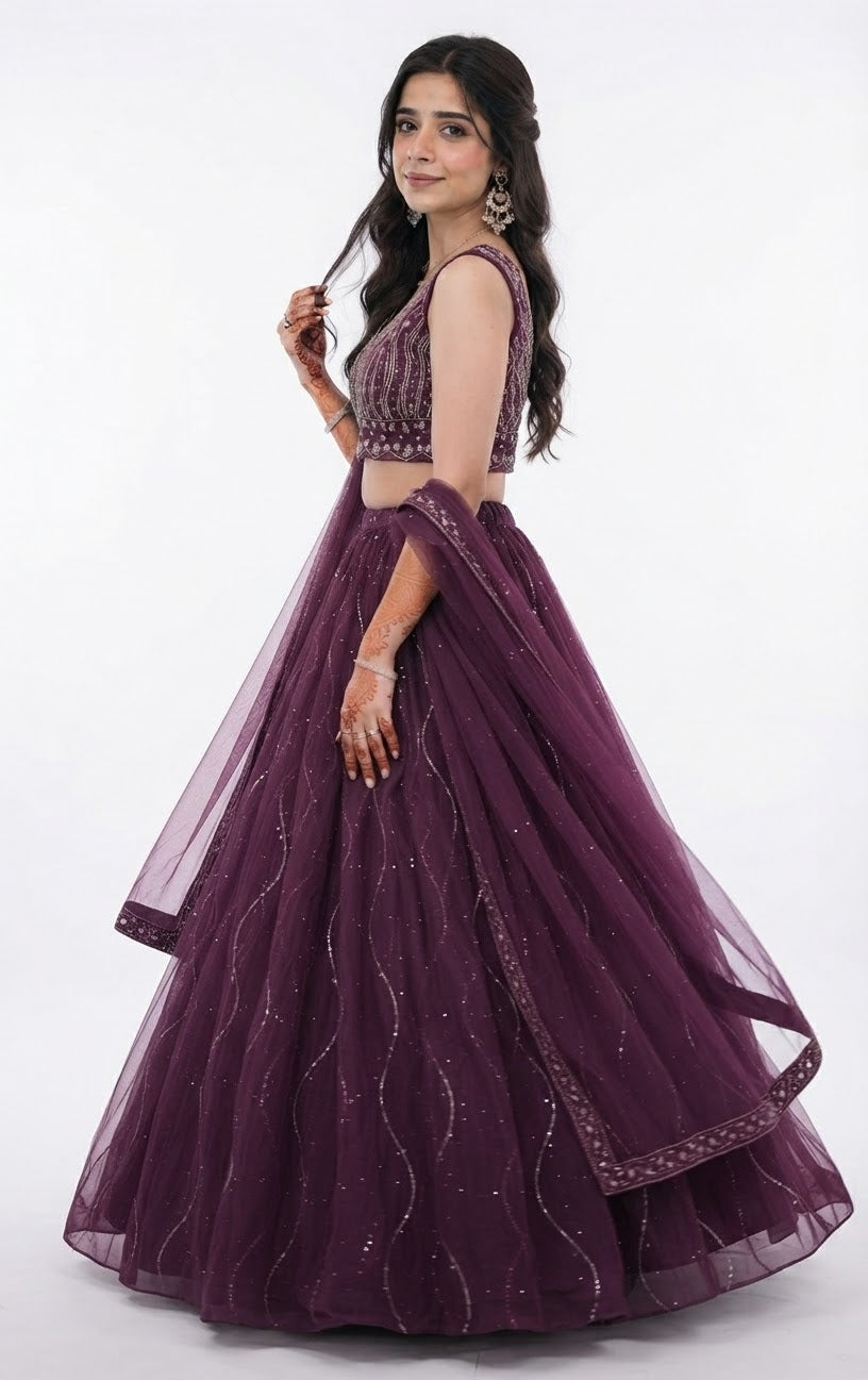 Heavy Lehanga Choli with dupatta - wine colour for weddings or any occasion