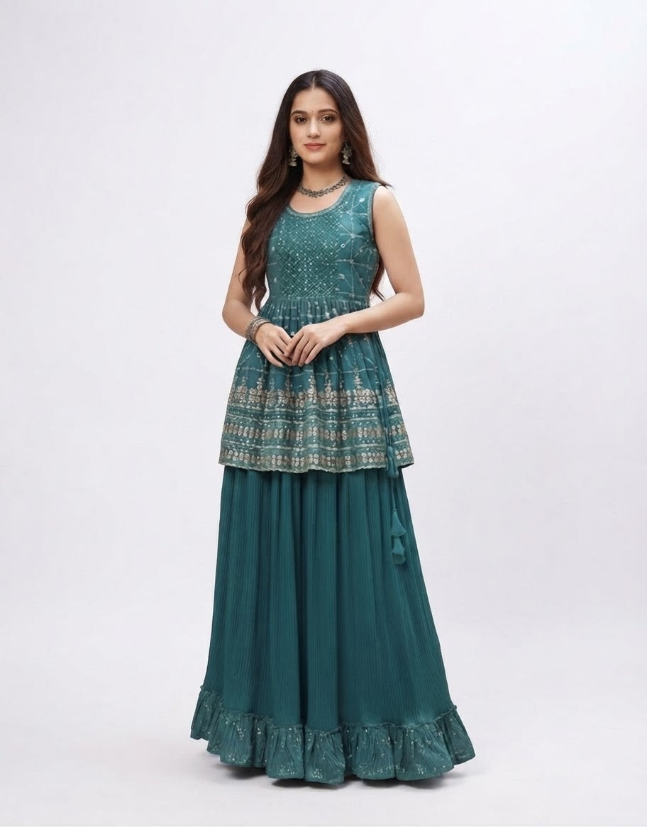Indo western Rich shade of teal green skirt with top