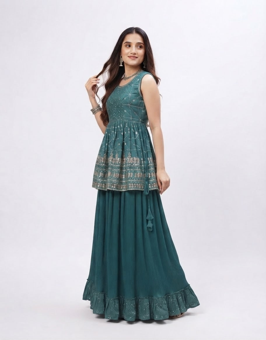 Indo western Rich shade of teal green skirt with top