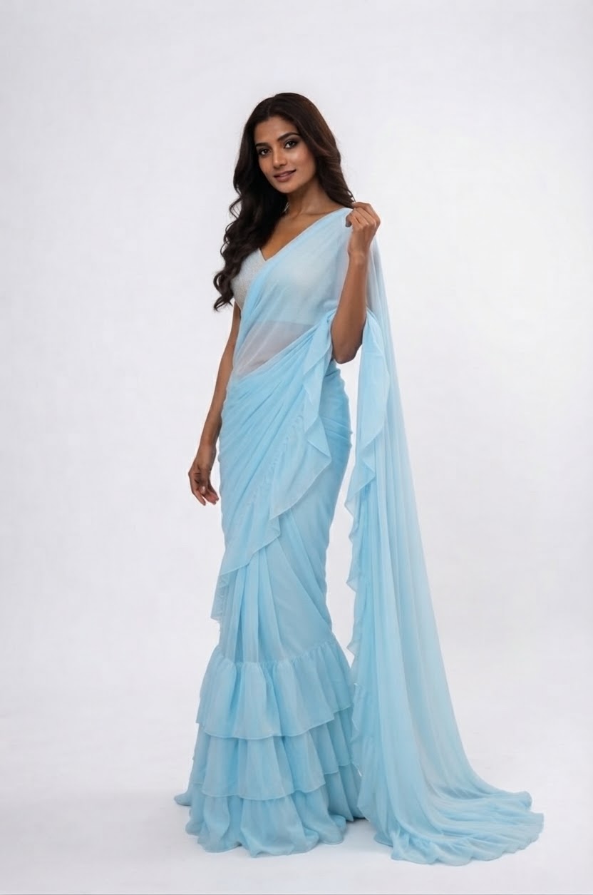 Ready to wear Ruffled sky blue saree with a matching stiched designer blouse