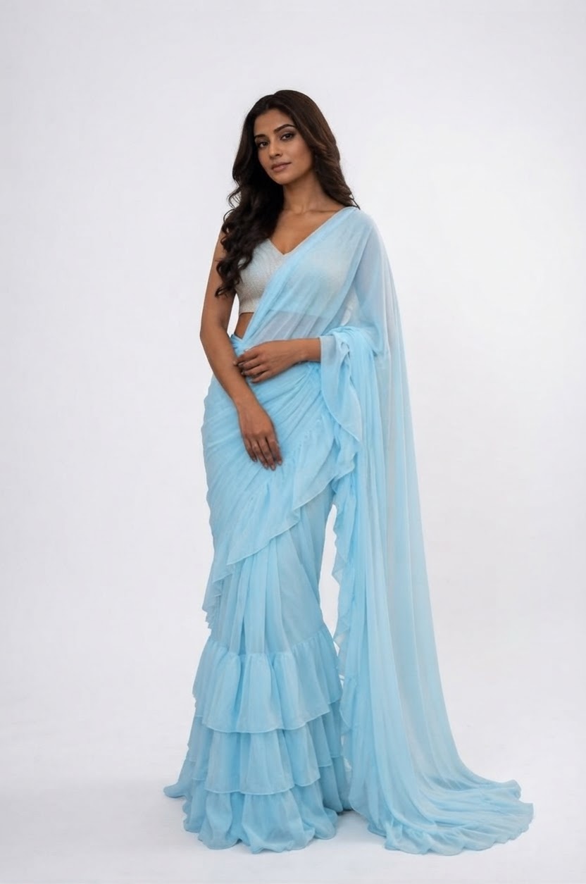 Beautiful pastel colour saree ready to wear with stiched blouse