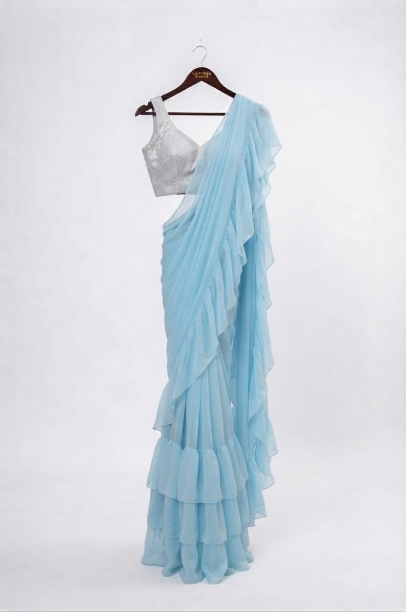 Ready to wear Ruffled sky blue saree with a matching stiched designer blouse