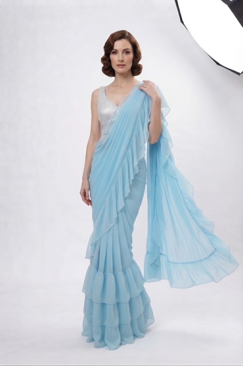 Beautiful pastel colour saree ready to wear with stiched blouse