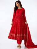 Ruby Red Gold-Embroidered Anarkali Suit Set - M size