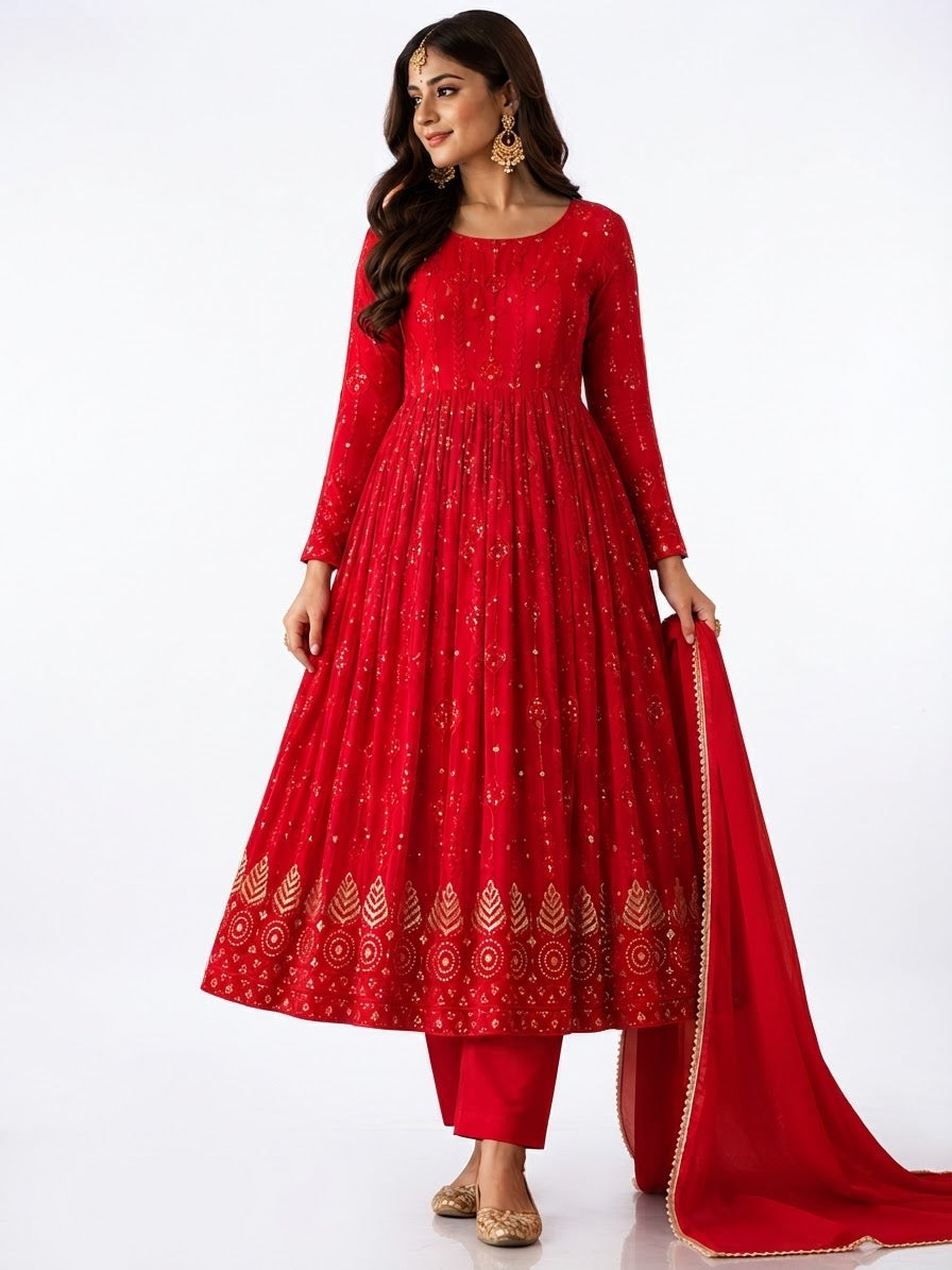 Ruby Red Gold-Embroidered Anarkali Suit Set - M size