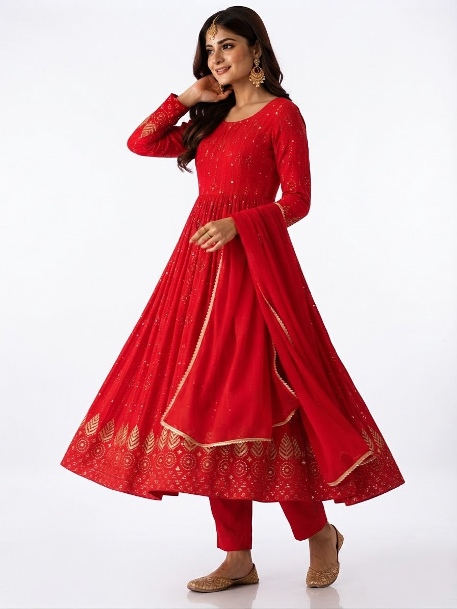 Ruby Red Gold-Embroidered Anarkali Suit Set - M size