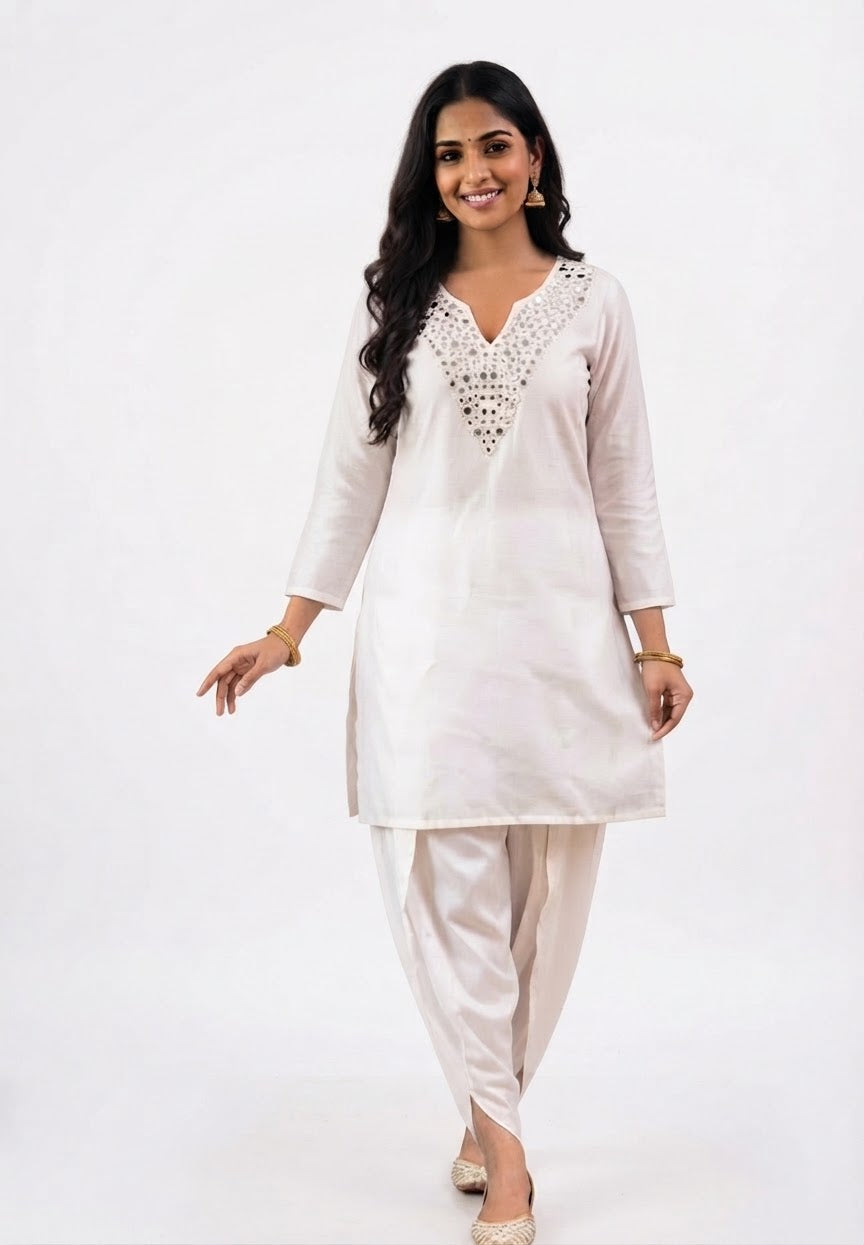 White Ivory Mirror-Work Kurta with Dhoti Set - L to XXL