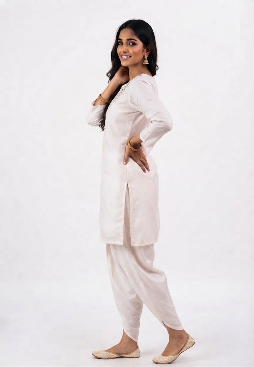 White Ivory Mirror-Work Kurta with Dhoti Set - L to XXL