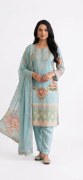Pastel Blue Floral Printed Kurta with Trousers and Dupatta Set - M