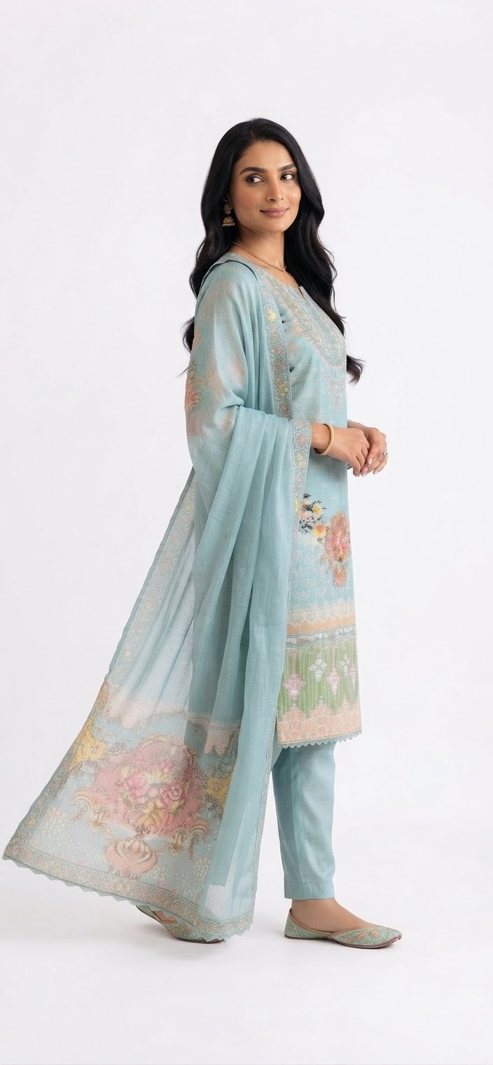 Pastel Blue Floral Printed Kurta with Trousers and Dupatta Set - M