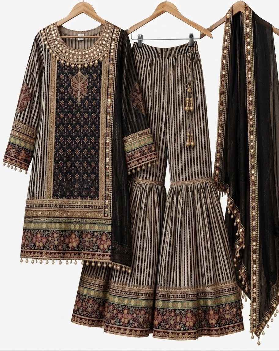 Black sharara suit with sequins and royal look for parties or any occasion