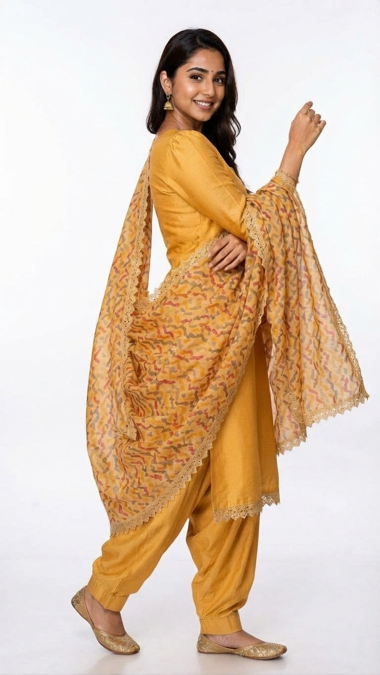 Hand-Selected Mustard Yellow Silk-Cotton Kurta Set - M