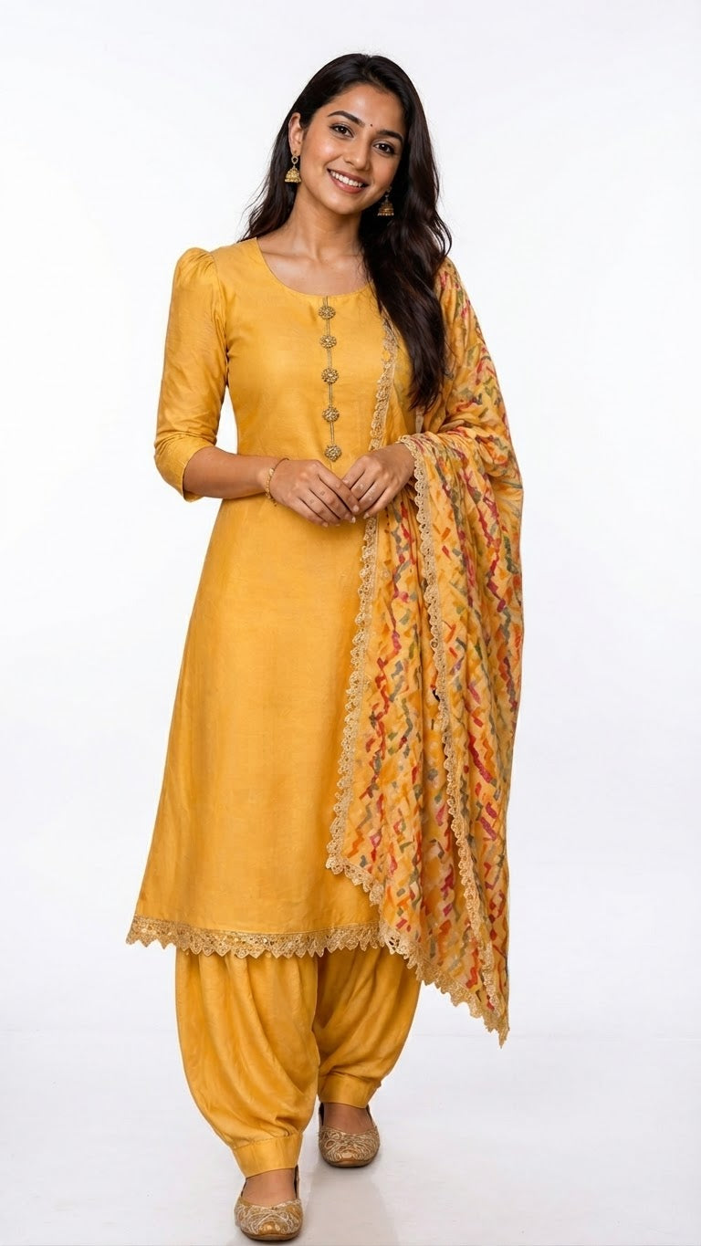 Hand-Selected Mustard Yellow Silk-Cotton Kurta Set - M
