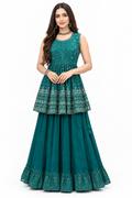L size - Teal Green Sleeveless Peplum Kurta with Matching Skirt Set