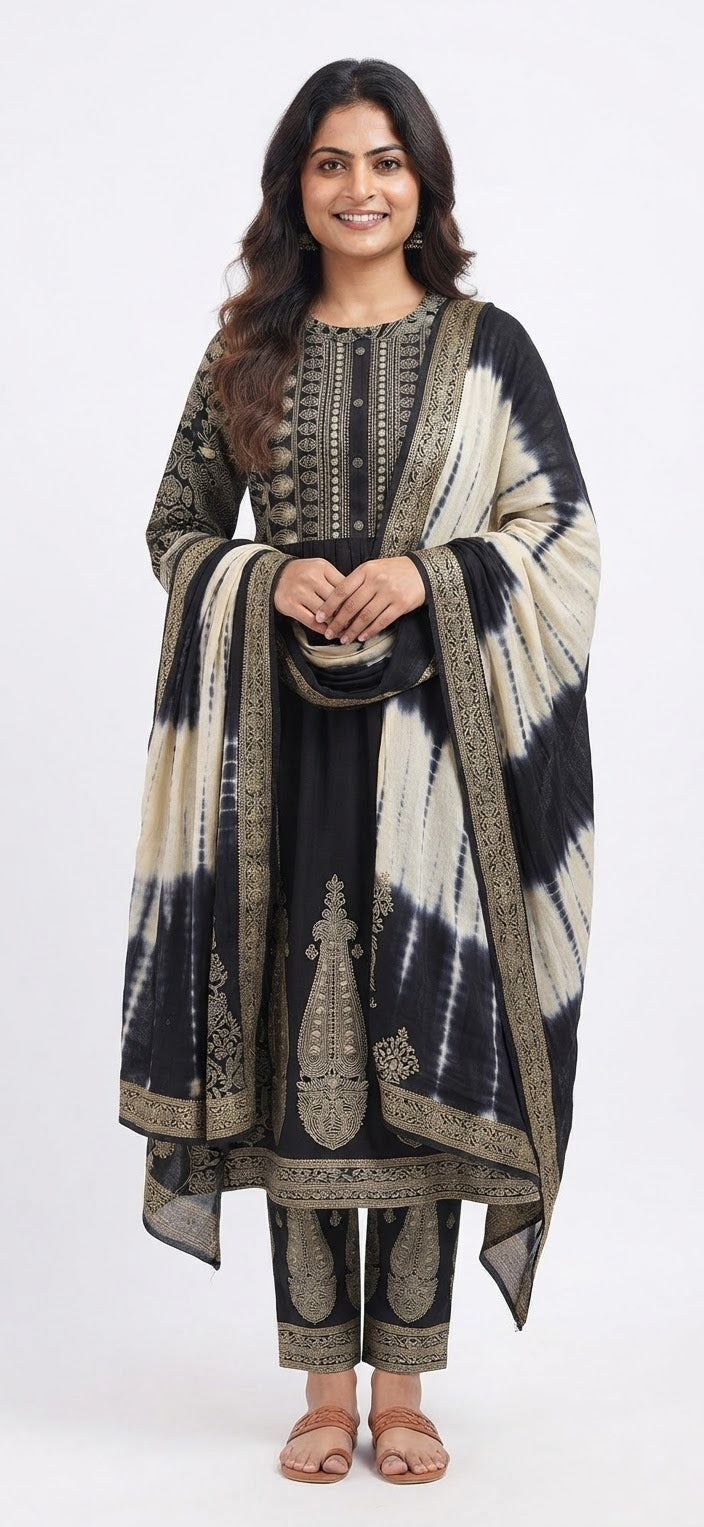 5XL-  Midnight Bloom: Black & Gold Foil-Print Anarkali Suit Set