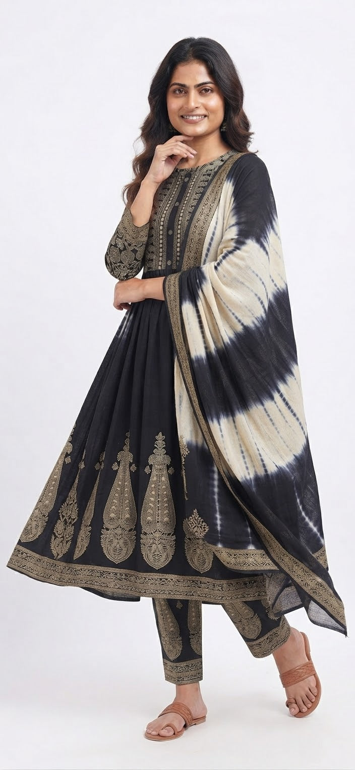 5XL-  Midnight Bloom: Black & Gold Foil-Print Anarkali Suit Set