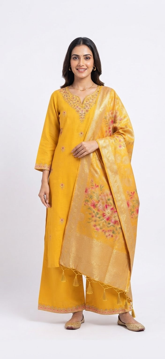 3XL & 5XL Yellow Embroidered Silk Blend Straight Kurta with Palazzo and Banarasi Dupatta