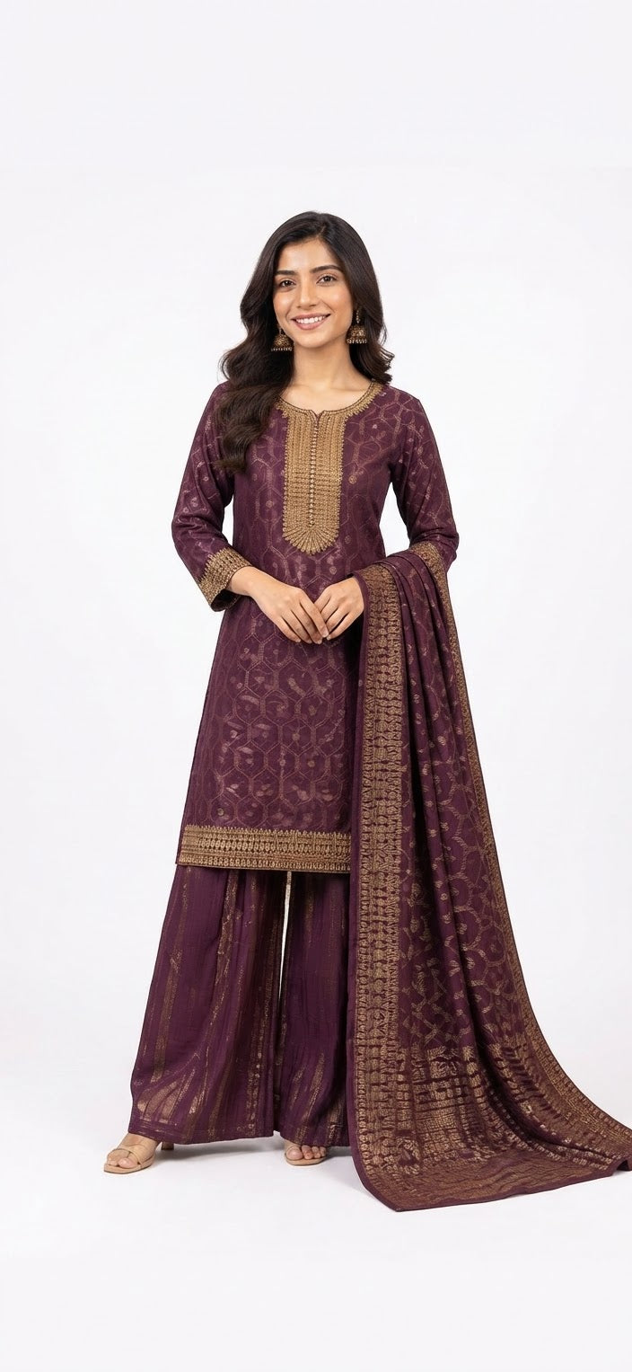 4XL- Deep Purple Embroidered Kurta with Sharara & Dupatta