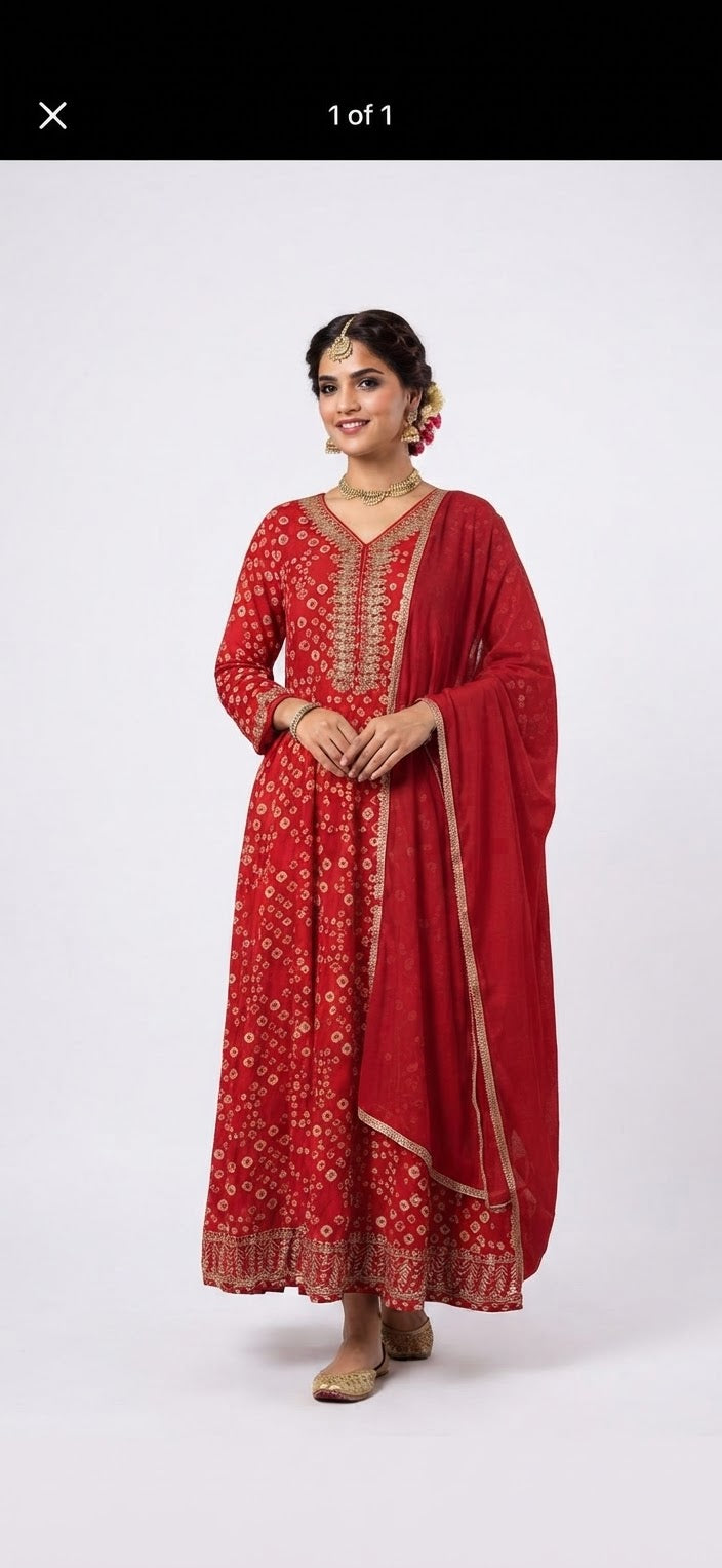 3XL to 5XL - Elegant Red Bandhani Print Anarkali Suit Set with Gold Border Dupatta