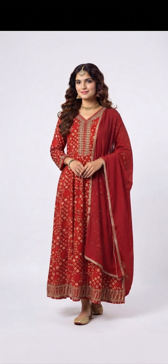 3XL to 5XL - Elegant Red Bandhani Print Anarkali Suit Set with Gold Border Dupatta
