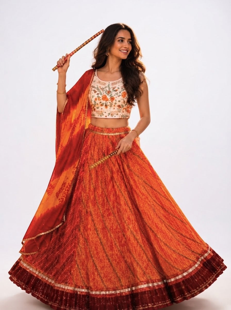 XL- Vibrant Orange & Rust Bandhani Print Lehenga Choli Set with Festive Garba Dandiya Styling