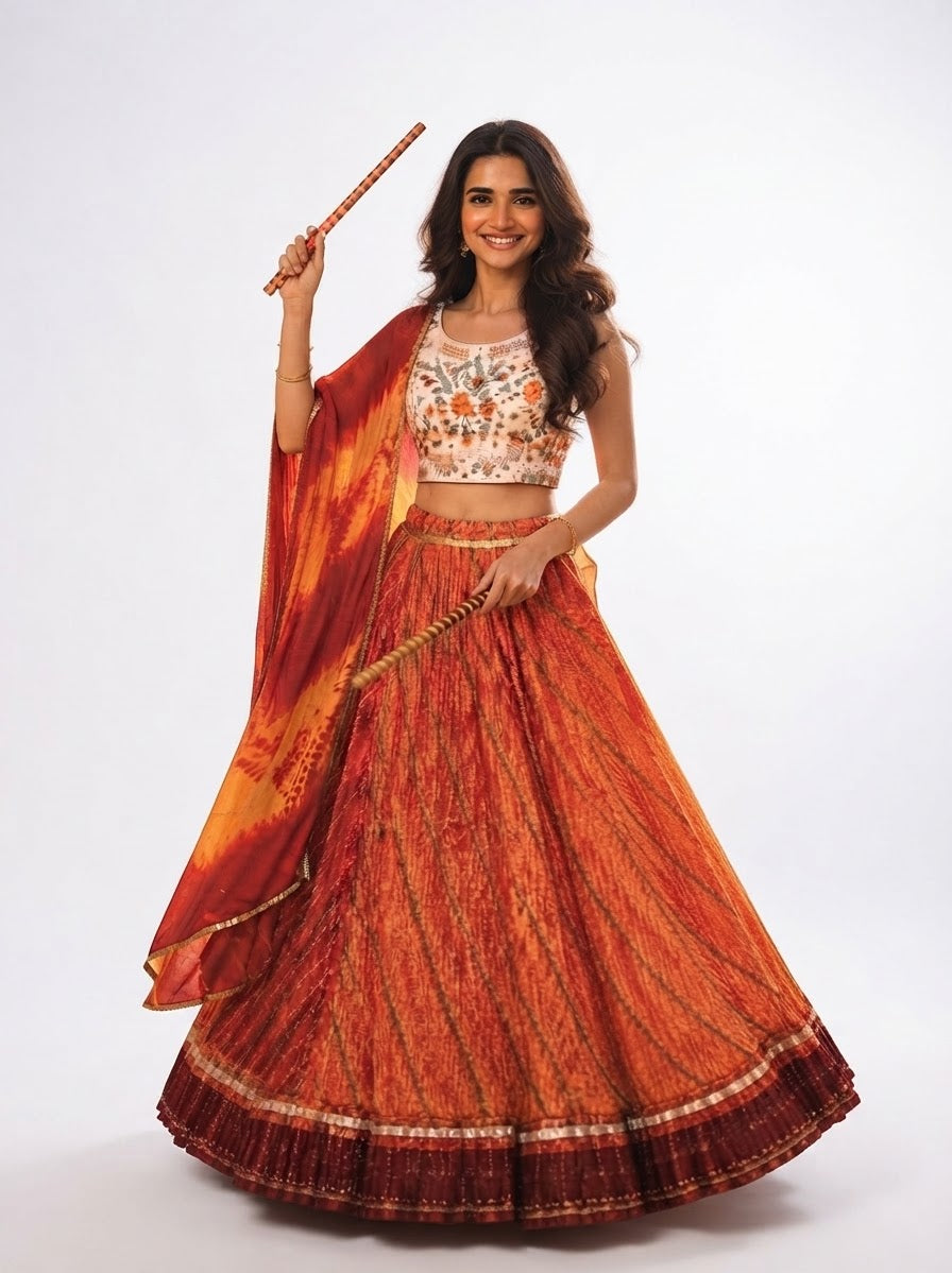 XL- Vibrant Orange & Rust Bandhani Print Lehenga Choli Set with Festive Garba Dandiya Styling
