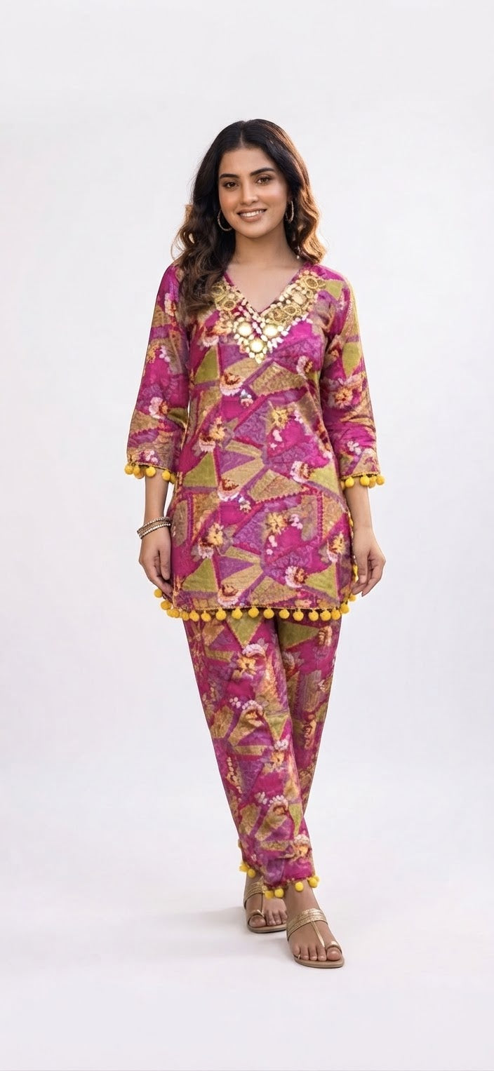L to XXL - Vibrant Magenta & Olive Geometric Print Kurta Set with Pom-Pom Detailing