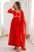 M - Red Georgette Embroidered Anarkali Set with Dupatta. Crafted Create content