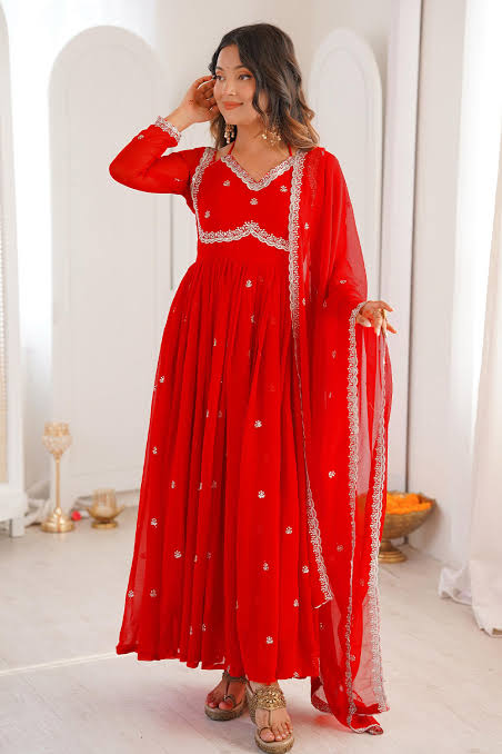 M - Red Georgette Embroidered Anarkali Set with Dupatta. Crafted Create content