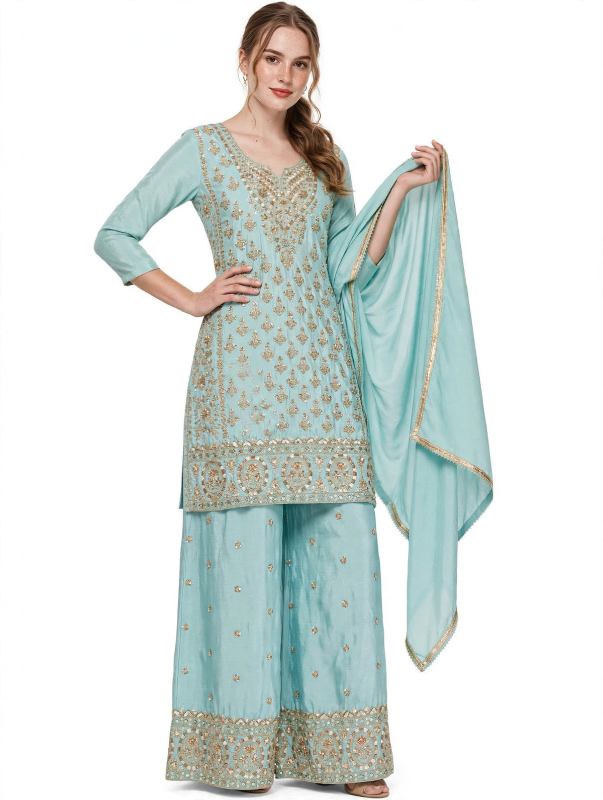 Beige Floral 3-Pc Set — Pure grace, heavy zari detail, palazzo