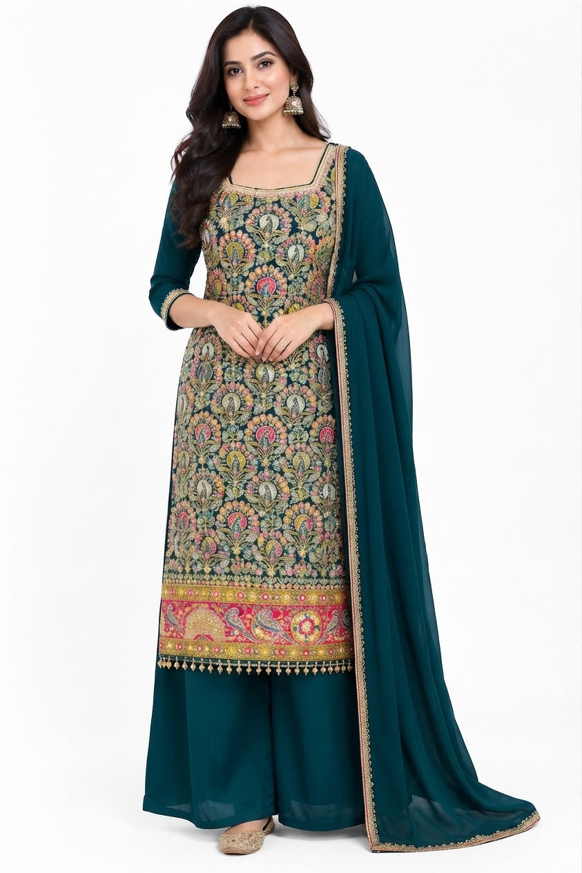 XXL - Royal Blue Embroidered Suit Set with Palazzo and Dupatta