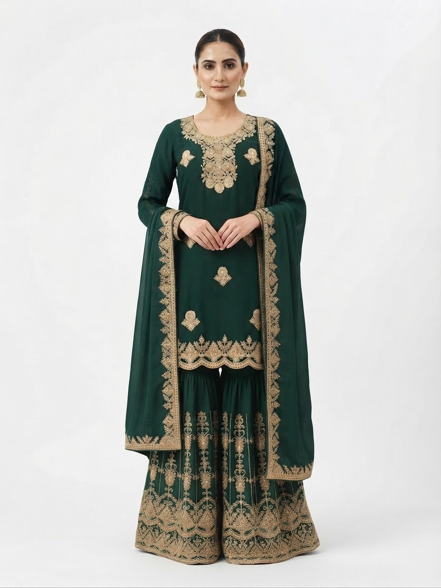 3XL - Rich dark green fabric with exquisite gold detailing