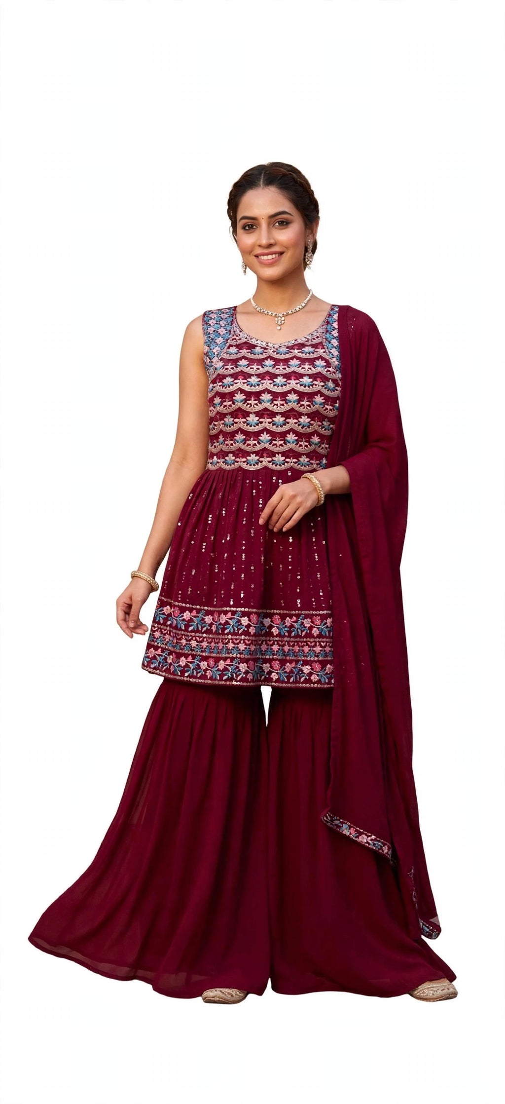 Wine/Maroon Peplum Kurta with Flared Sharara Pants and Matching Dupatta Set (Festive / Party Wear Ethnic Set)- M