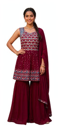 Wine/Maroon Peplum Kurta with Flared Sharara Pants and Matching Dupatta Set (Festive / Party Wear Ethnic Set)- M