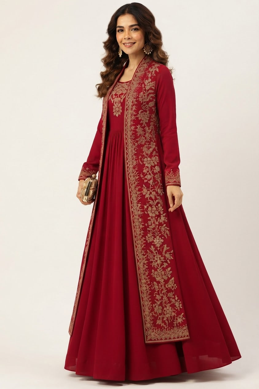 Royal Red Embroidered Anarkali Gown -L