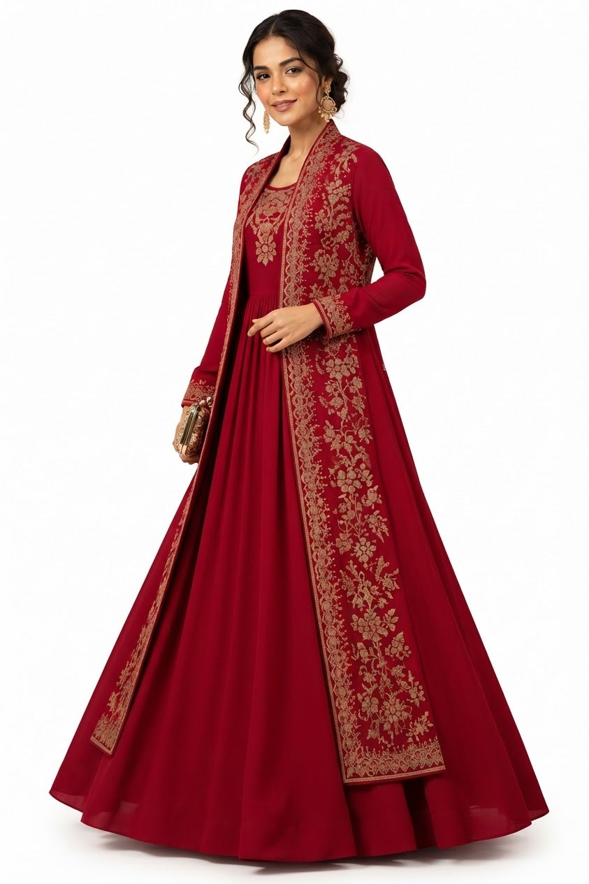 Royal Red Embroidered Anarkali Gown -L