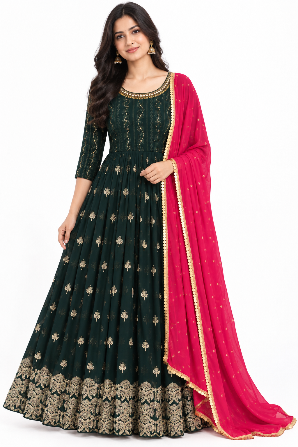 Emerald Green & Pink Royal Anarkali Gown - L