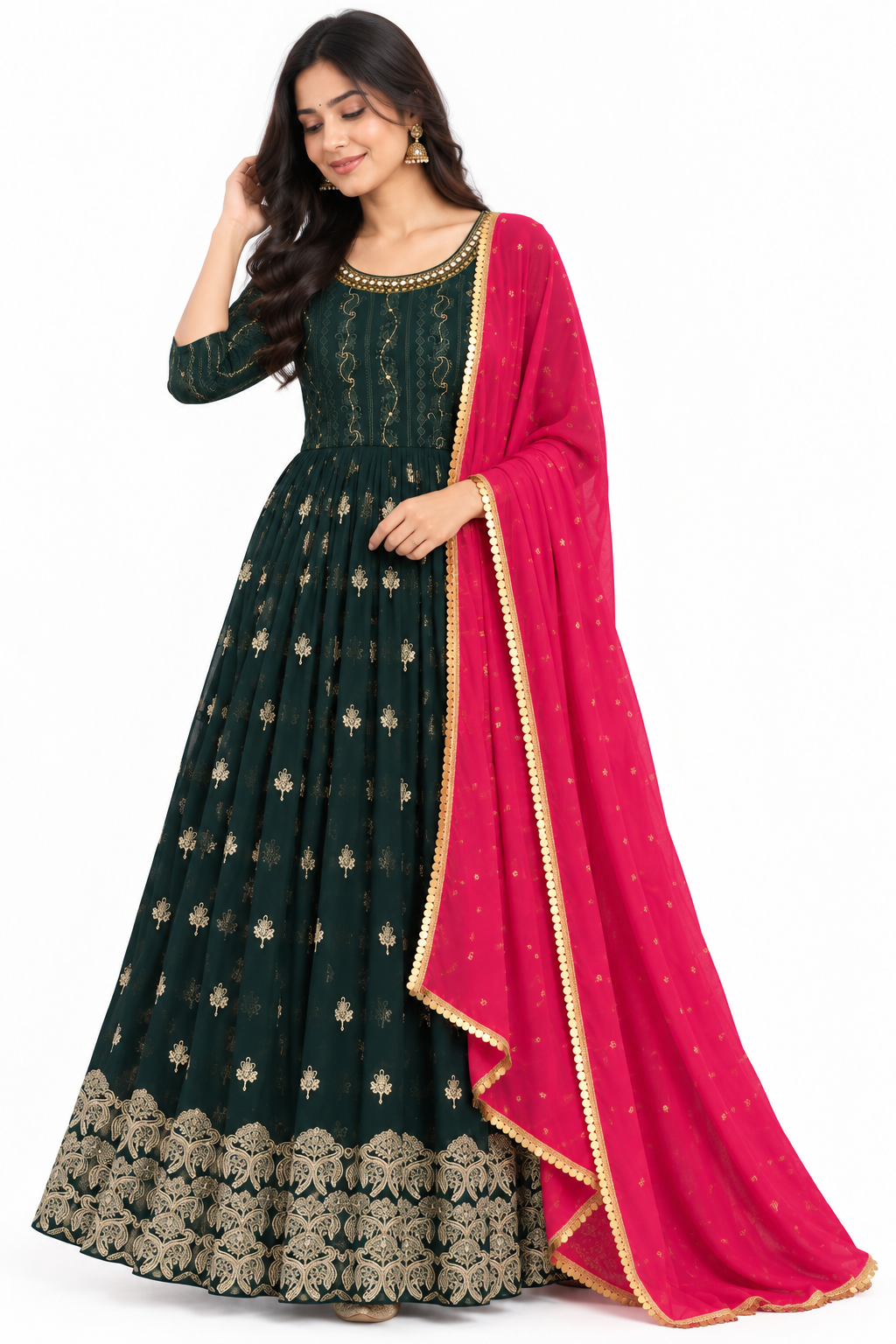 Emerald Green & Pink Royal Anarkali Gown - L