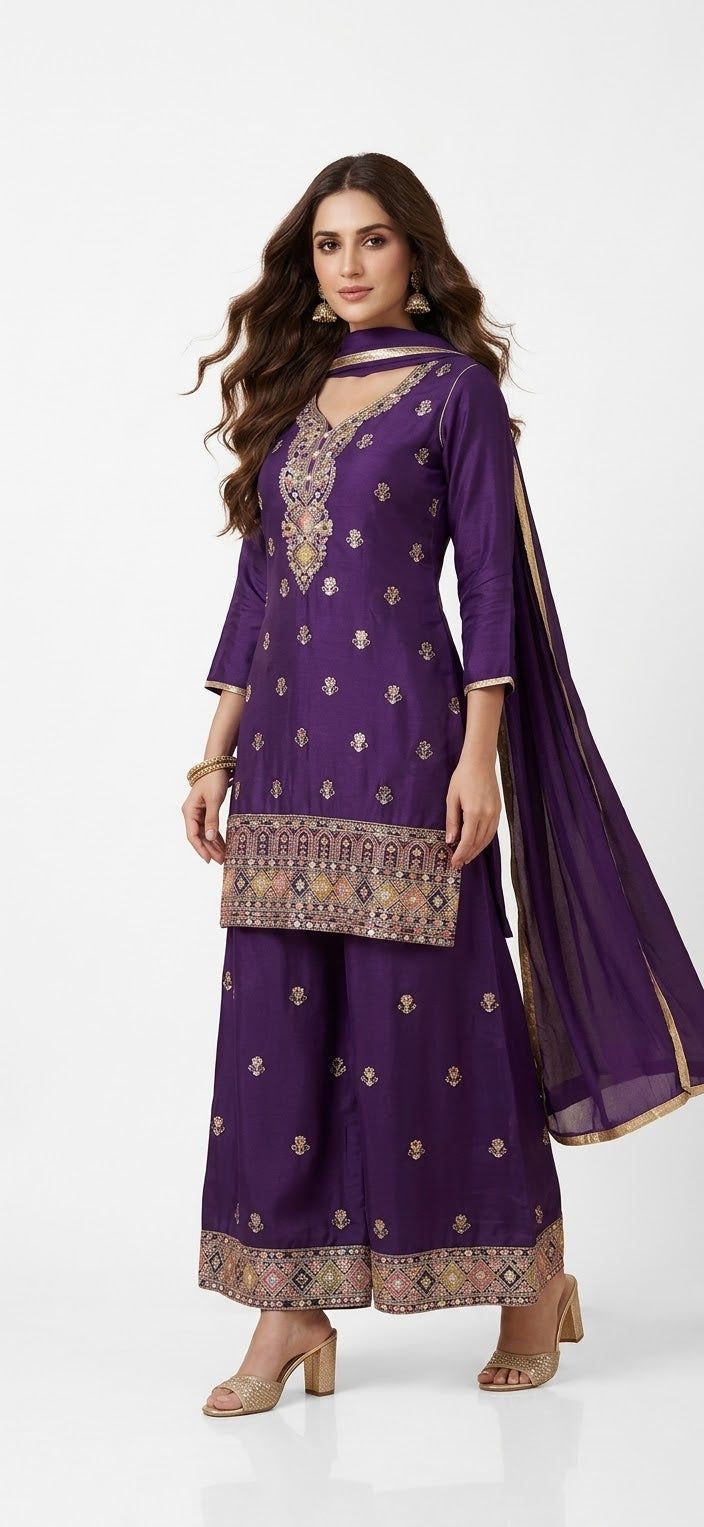 The Imperial Violet Zari Embroidered Palazzo Suit