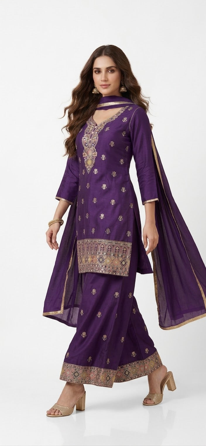 The Imperial Violet Zari Embroidered Palazzo Suit