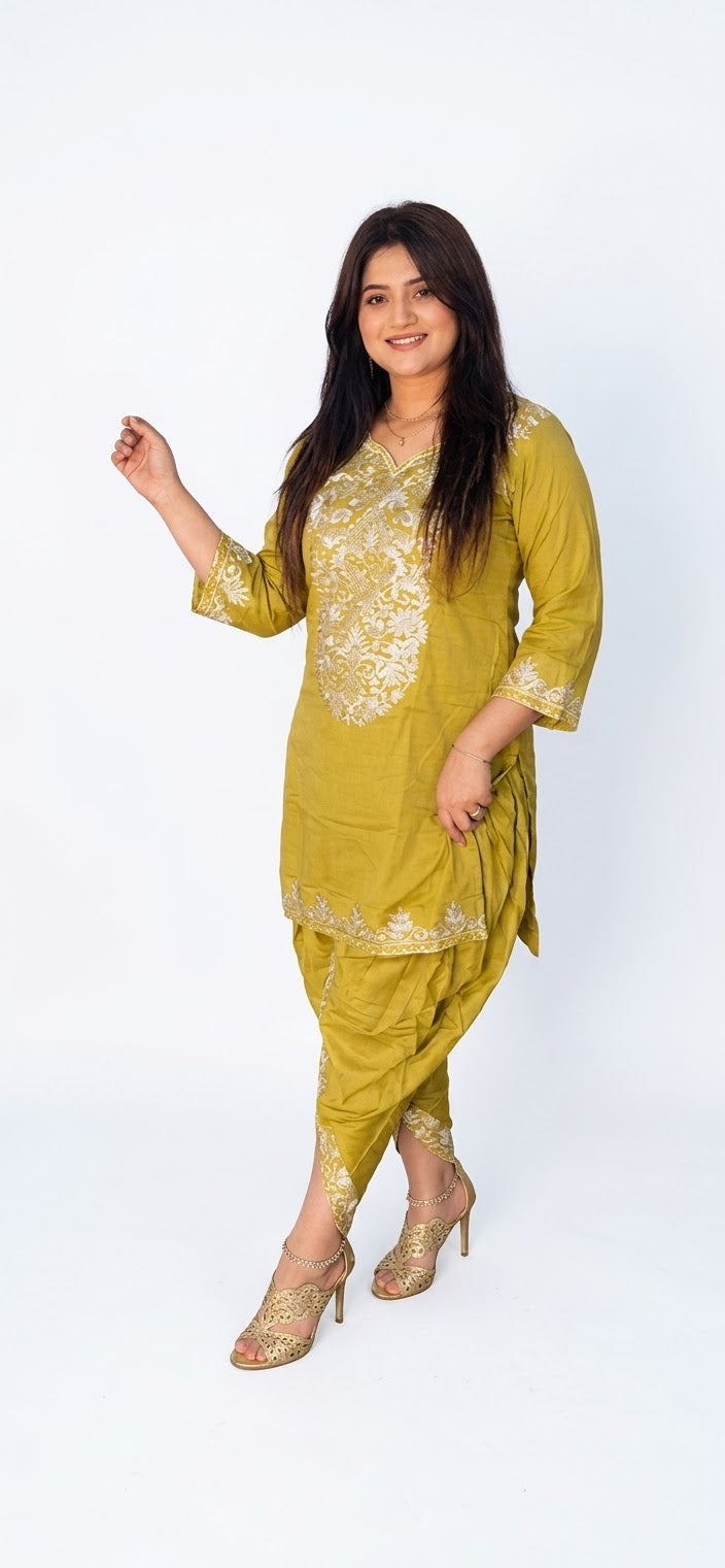 Olive Green Embroidered Kurti & Dhoti Salwar suit Set