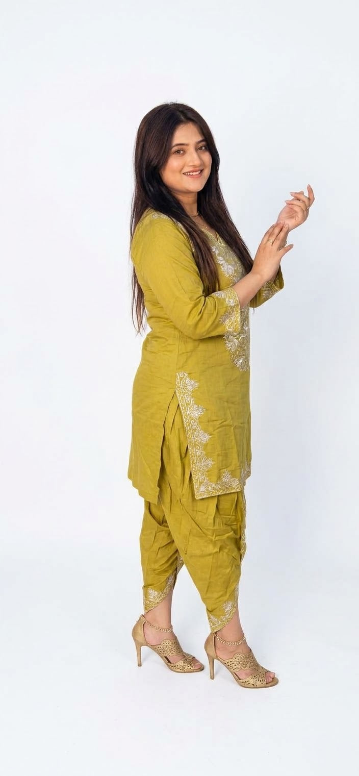 Olive Green Embroidered Kurti & Dhoti Salwar suit Set