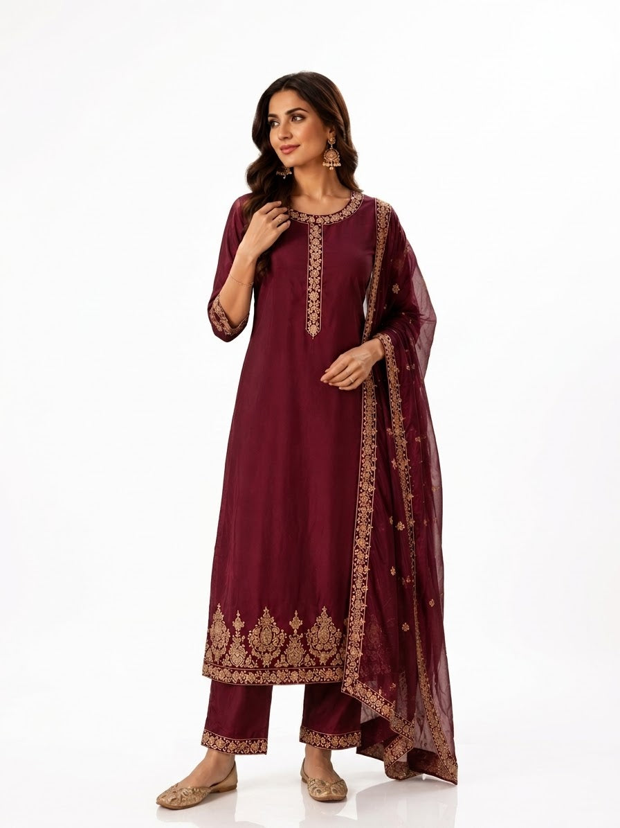 Royal Wine Silk Embroidered Straight Suit Set with Dupatta