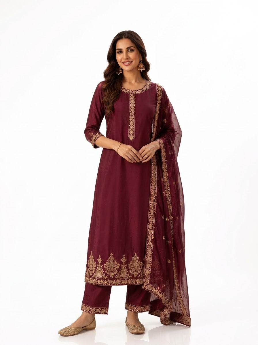 Royal Wine Silk Embroidered Straight Suit Set with Dupatta