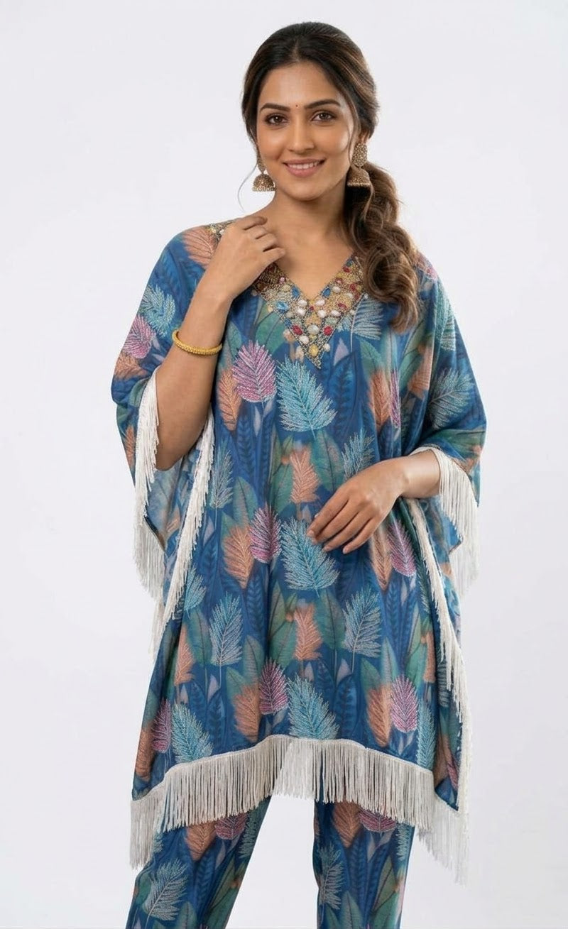 Azure Botanical blue Fringe Kaftan Co-ord Set