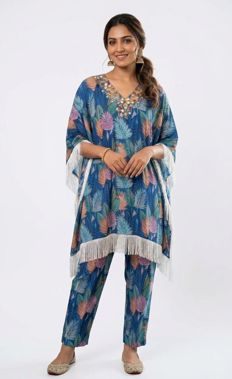 Azure Botanical blue Fringe Kaftan Co-ord Set
