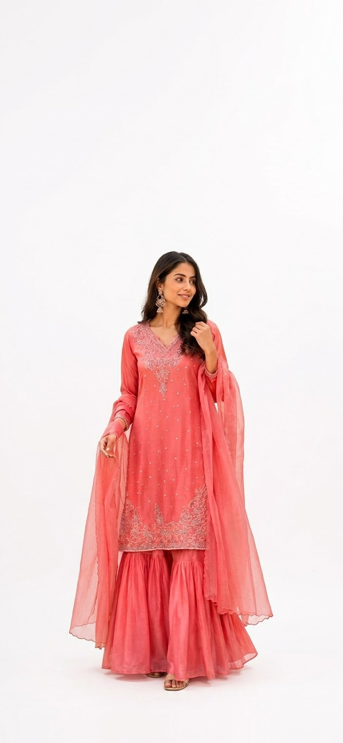 Elegant Embroidered Dusky Pink - Sharara Suit Set – Traditional Charm, Modern Elegance - XL