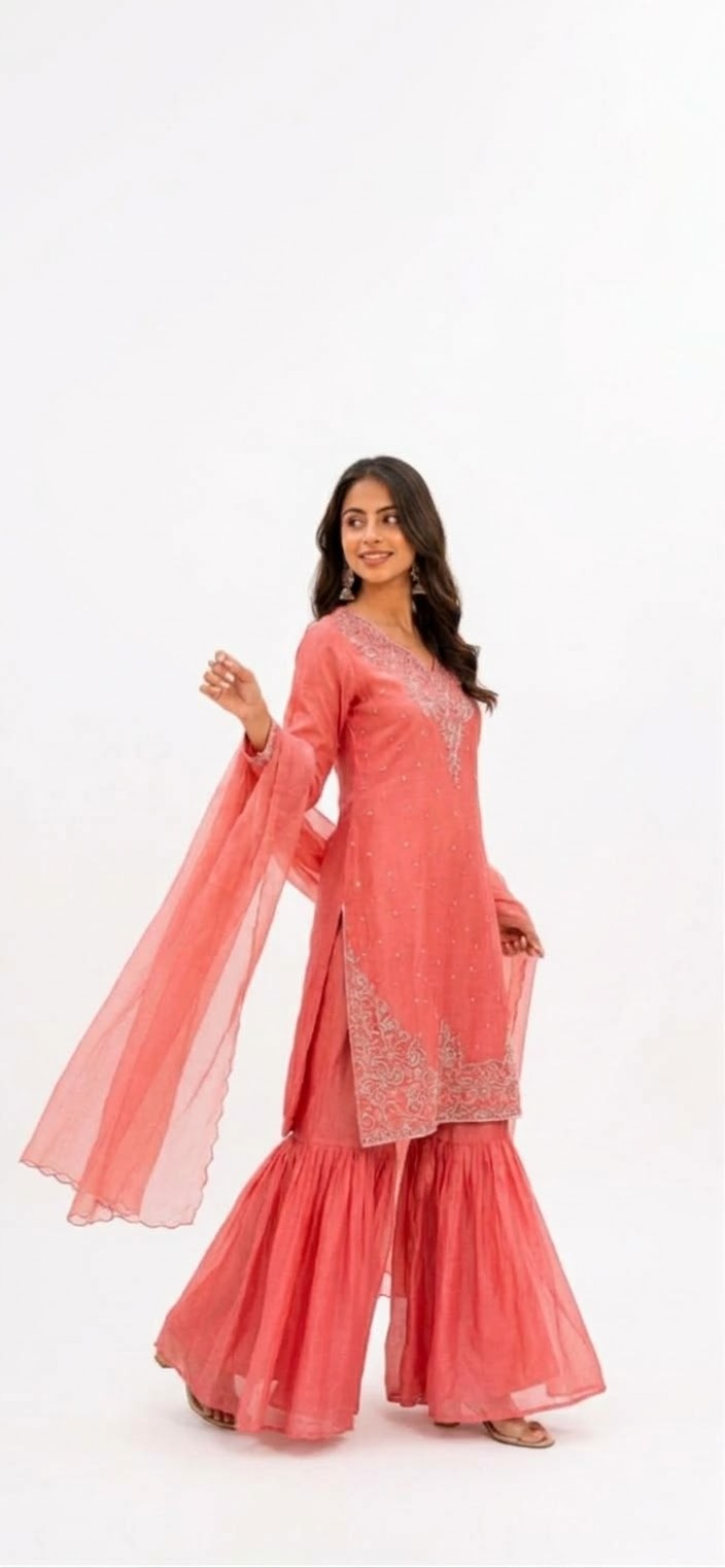 Elegant Embroidered Dusky Pink - Sharara Suit Set – Traditional Charm, Modern Elegance - XL